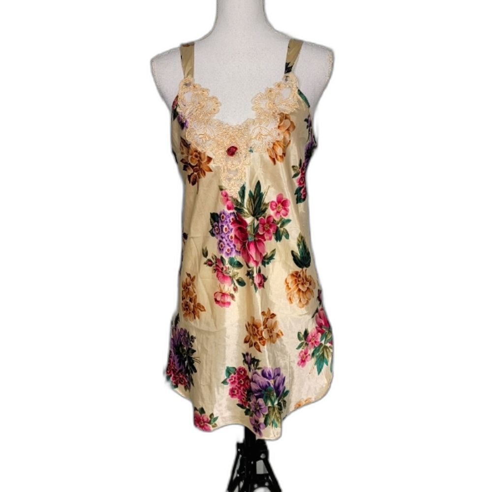 California Dynasty Floral Satin Chemise Slip Nightgown USA Lace Trim Vintage M